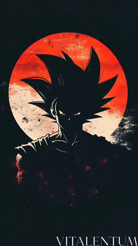 High-contrast anime warrior silhouette against distressed red sun