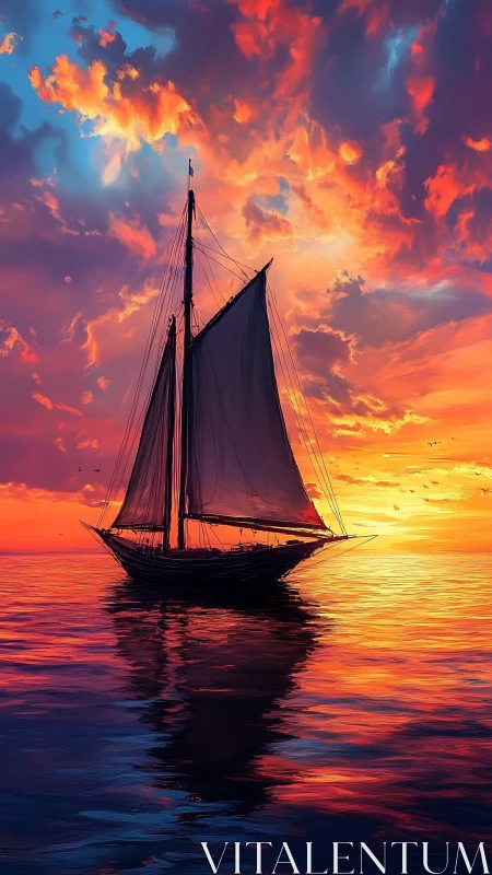 Schooner of shadows drifting through molten sunset skies.