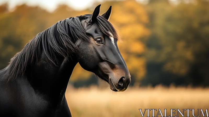 Gentle black horse gazes calmly across a golden meadow