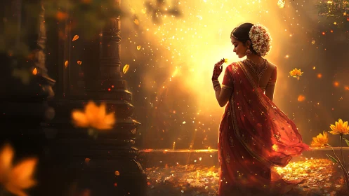 Woman in red sari stands before bright backlit temple portal