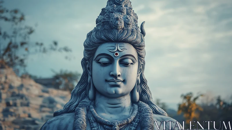 Serene stone Shiva sculpture under soft evening sky.