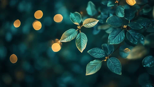 Glowing golden bokeh dances behind teal forest leaves.