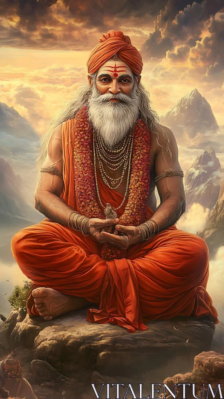 Serene orange-robed sage rests peacefully above misty peaks