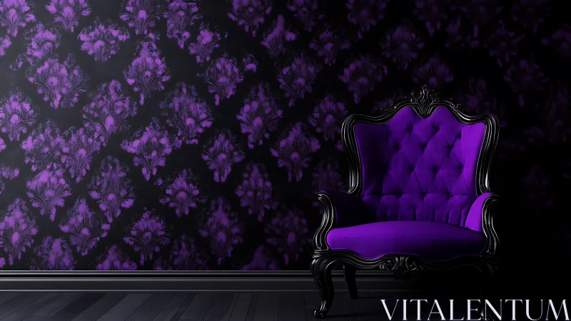 Purple baroque armchair against dark damask wall.