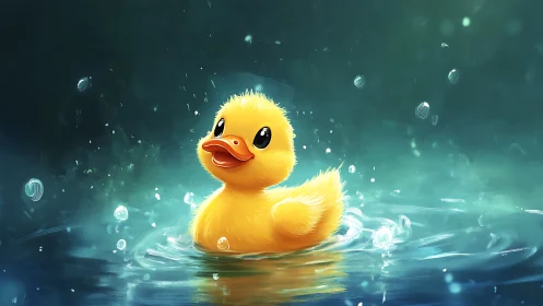 Vivid yellow duckling in splashing teal water, soft rim light