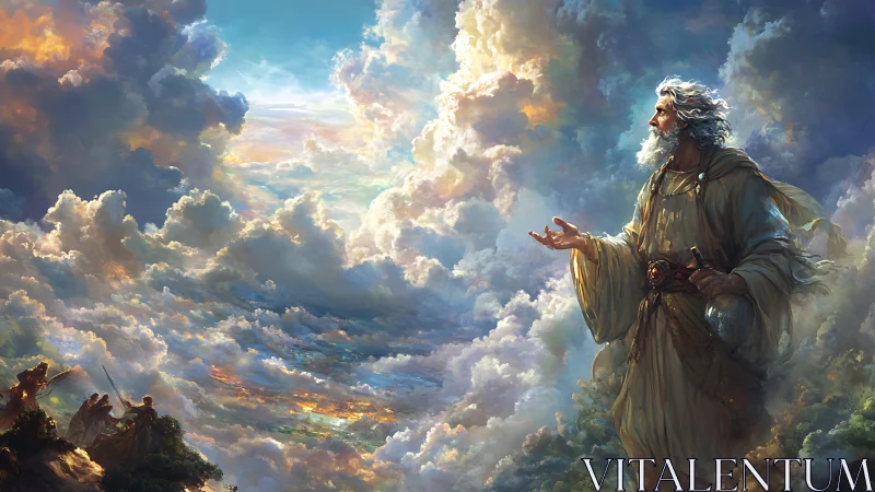 Divine figure surveys radiant cloudscape in epic digital painting
