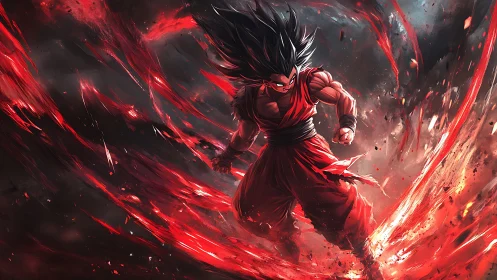 Energetic crimson vortex surrounding anime warrior in eruption.