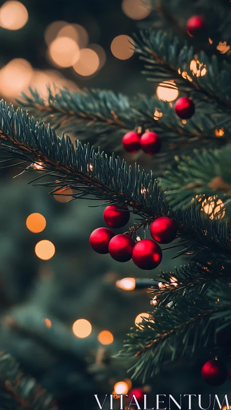 Christmas tree branch glows with red baubles and bokeh lights.
