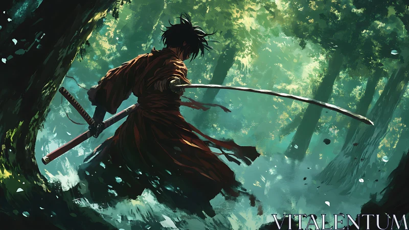 Kinetic samurai silhouette in volumetric forest light study.