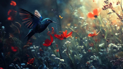 Iridescent hummingbird in bokeh-lit wildflower meadow at dusk