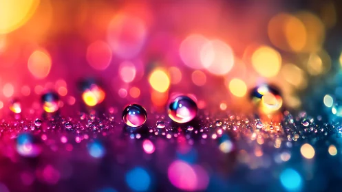 Iridescent water droplets on neon bokeh gradient surface.