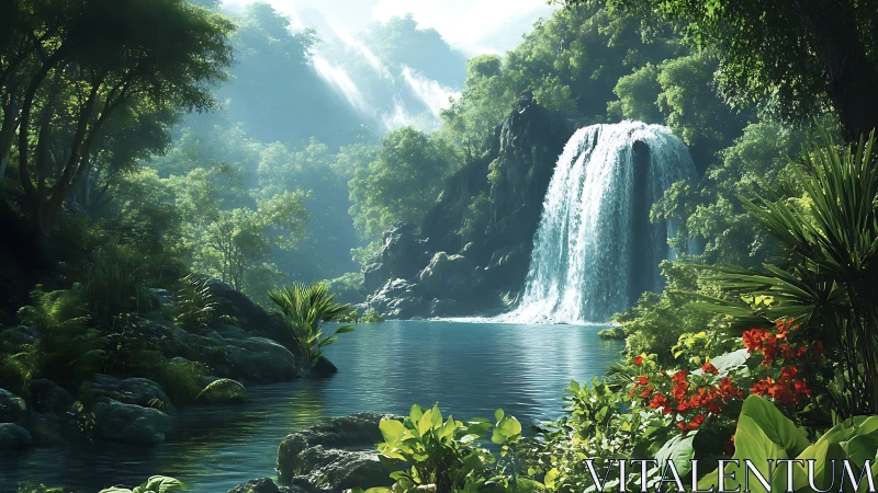 Dense tropical forest surrounds single waterfall over lagoon