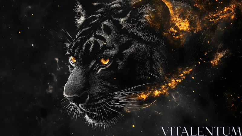 Black panther portrait with orange embers on dark field.