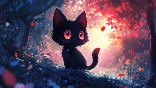 Black cat with luminous eyes surrounded by ethereal light