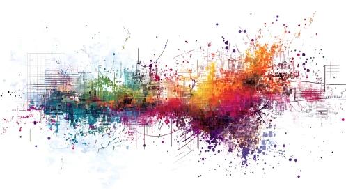 Colorful data cityscape explodes through white digital space