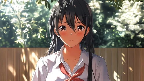 Sunlit anime portrait of blushing student in diffuse bokeh field.