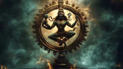 High-contrast Shiva Nataraja render with volumetric clouds and rim lighting