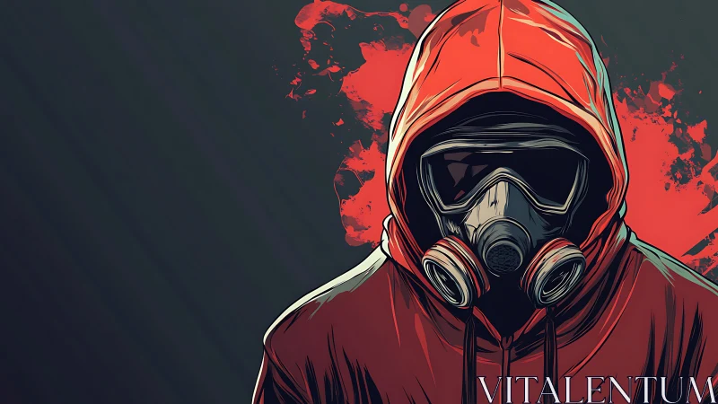 Hooded figure in gas mask against red abstract backdrop.