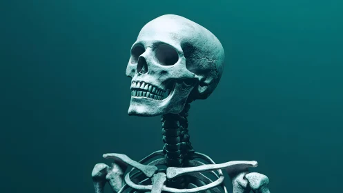 Realistic human skeleton model on teal background, dramatic lighting.