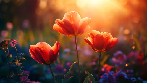 Red Tulips Backlit by Golden Hour Sunlight with Chromatic Bokeh.