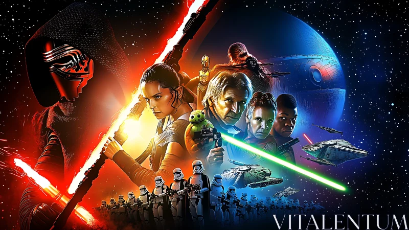 Starlit clash of sabers and destinies across cosmic tides.