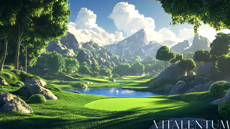 Sunlit fantasy golf valley unfolds beneath towering peaks