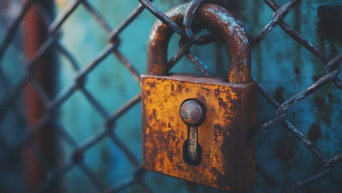 Weathered brass padlock on chain-link fence in cool tones.