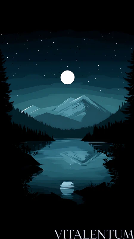 Moonlit mountain lake wrapped in quiet starlit stillness.