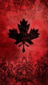 Black maple leaf silhouette on textured red backdrop.