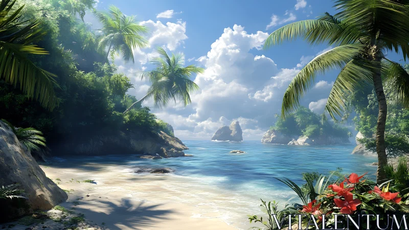 Tropical bay with palm-framed water, limestone cliffs, white sand beach.