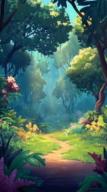 Enchanted Forest Pathway Bathed in Golden Sunlight