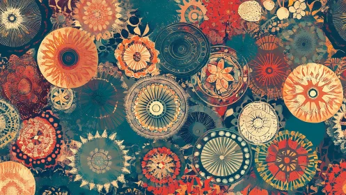 Kaleidoscopic mandala circles pulse across a teal canvas