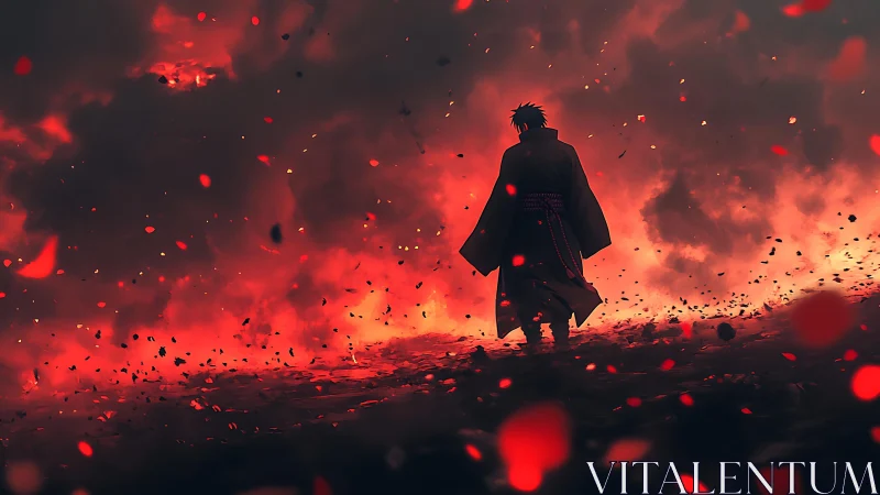 Lone warrior strides through burning embers and crimson storm.