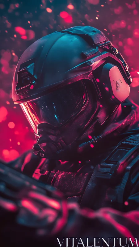 Neon stormlight wraps the armored space trooper in quiet focus