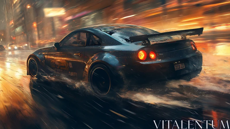 Cinematic digital painting of a street racer in wet neon cityscape.