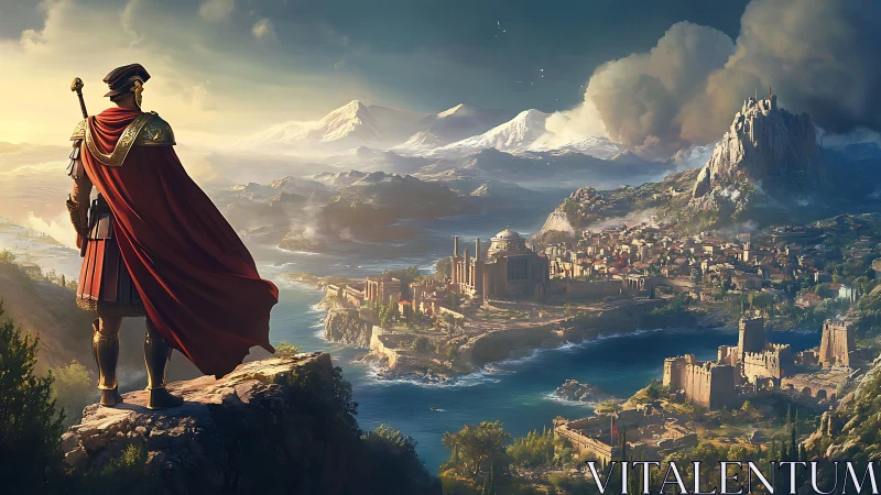 Roman hero overlooking a sunlit ancient coastal kingdom.