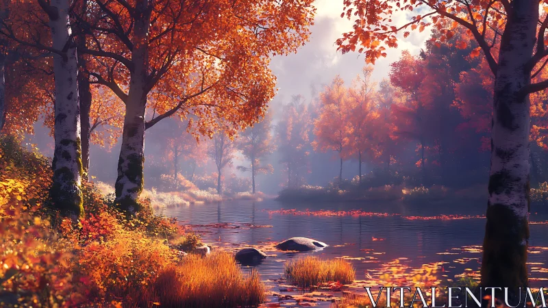 Amber river hush beneath birch trees in glowing autumn light.