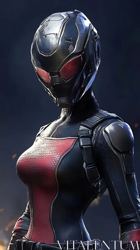 Futuristic armored humanoid figure in red and black suit.