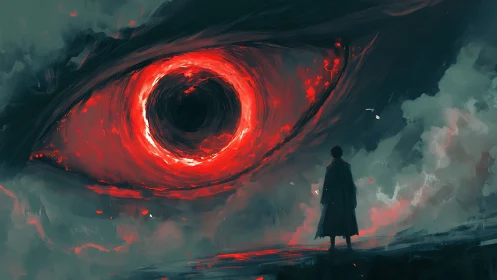 Watcher in the storm: lone figure before the burning eye.
