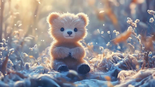 Digital teddy bear figure in soft snowy meadow light.