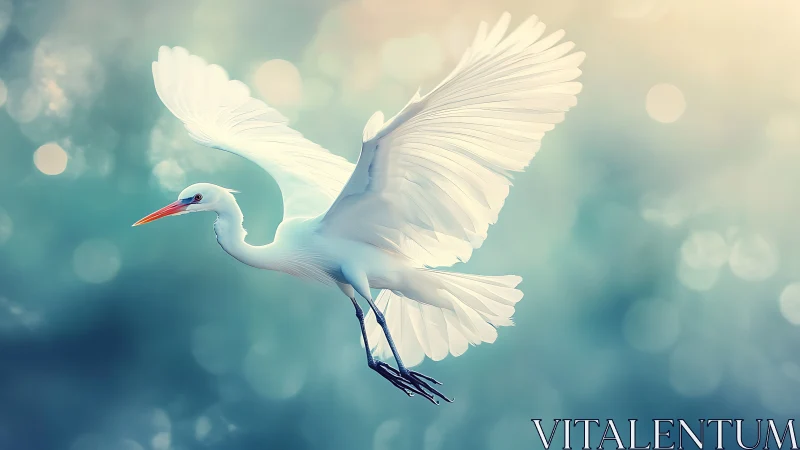 Elegant white egret in flight against dreamy pastel bokeh background.