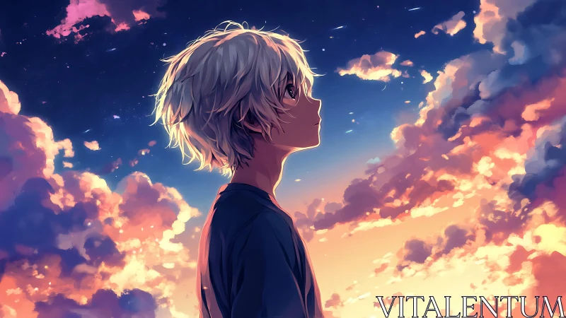 Sky-dazed dreamer under comet-kissed cotton clouds.