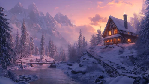 Cozy winter cottage glowing under soft mountain sunset.