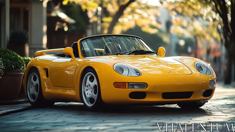 Sunlit yellow roadster lounges beneath soft city treetops
