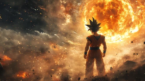 Backlit warrior silhouette confronting eruptive stellar firestorm