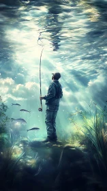 Underwater view of standing angler with fish and sunlight.