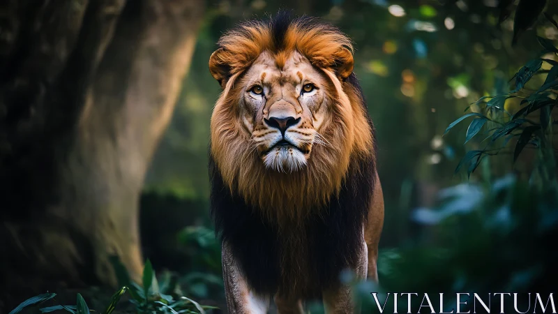 Majestic male lion stands alert in lush forest clearing