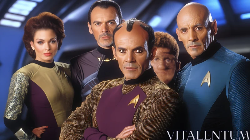 Starfleet officers in alien prosthetics pose under studio lighting