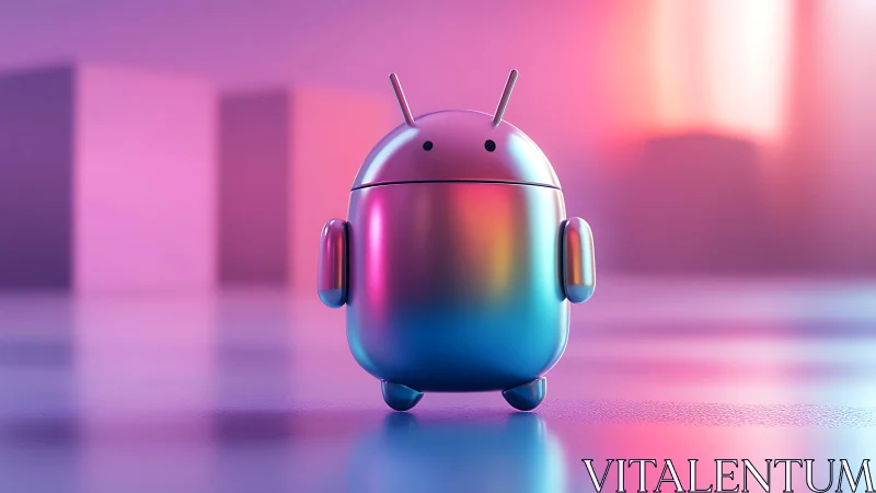Colorful metallic android robot mascot on glossy surface.