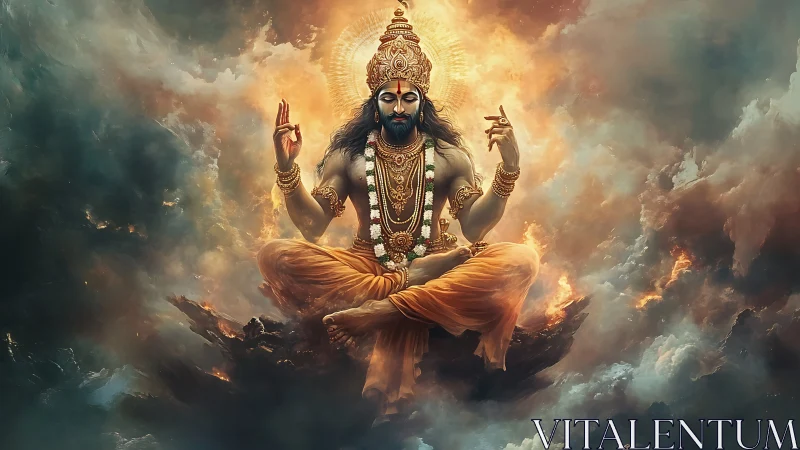 Radiant celestial deity meditates in a storm of golden clouds